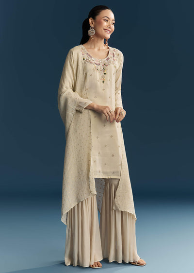 Beige Tissue Sharara Suit With Zardosi And Resham Embroidery