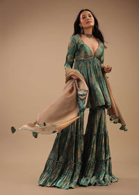 Beryl Green Peplum Sharara Suit With Front Slit And Plunging Neckline