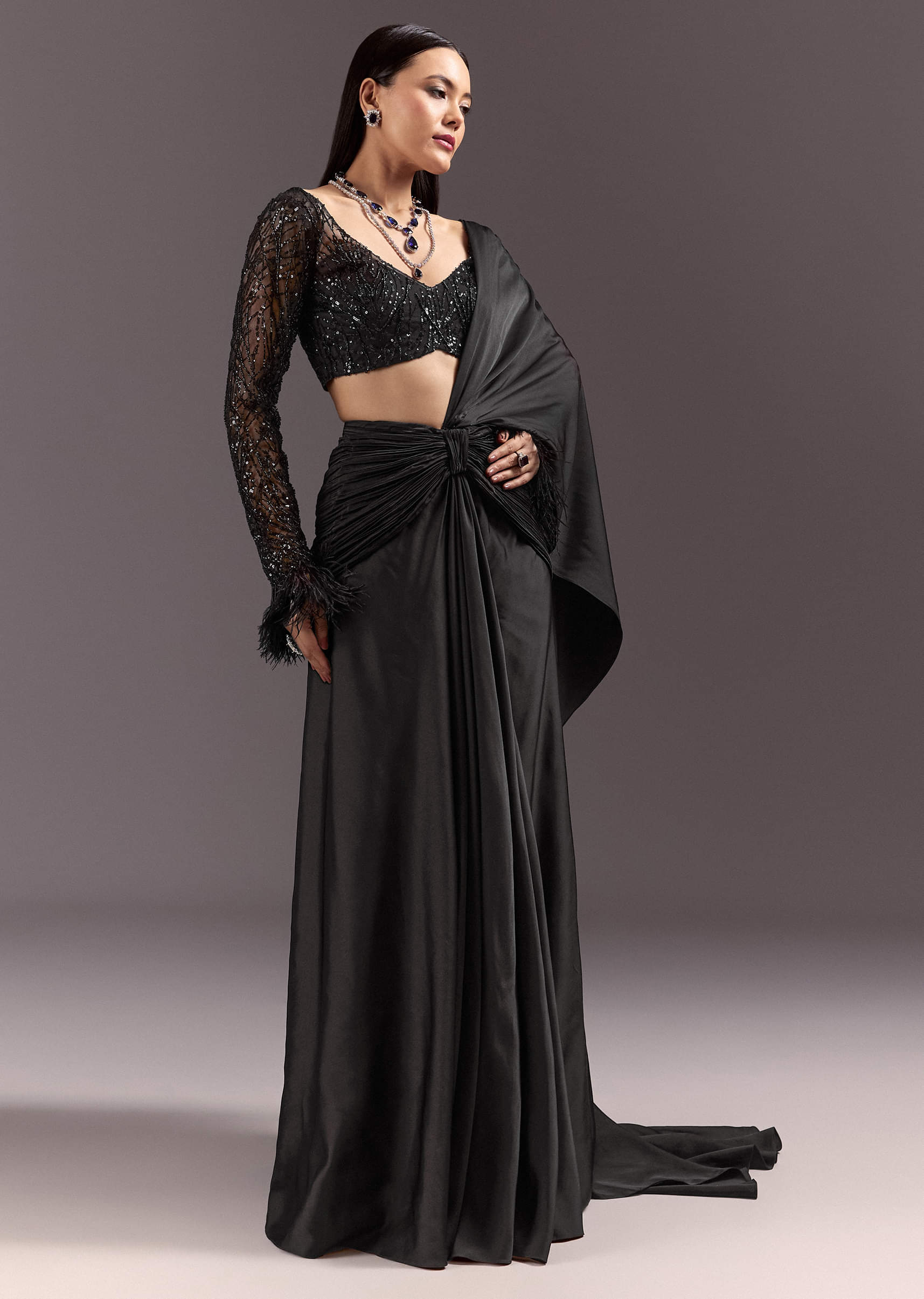 Black 3D Patchwork Cutdana Drape Saree With Sleeveless Overlap Blouse ...