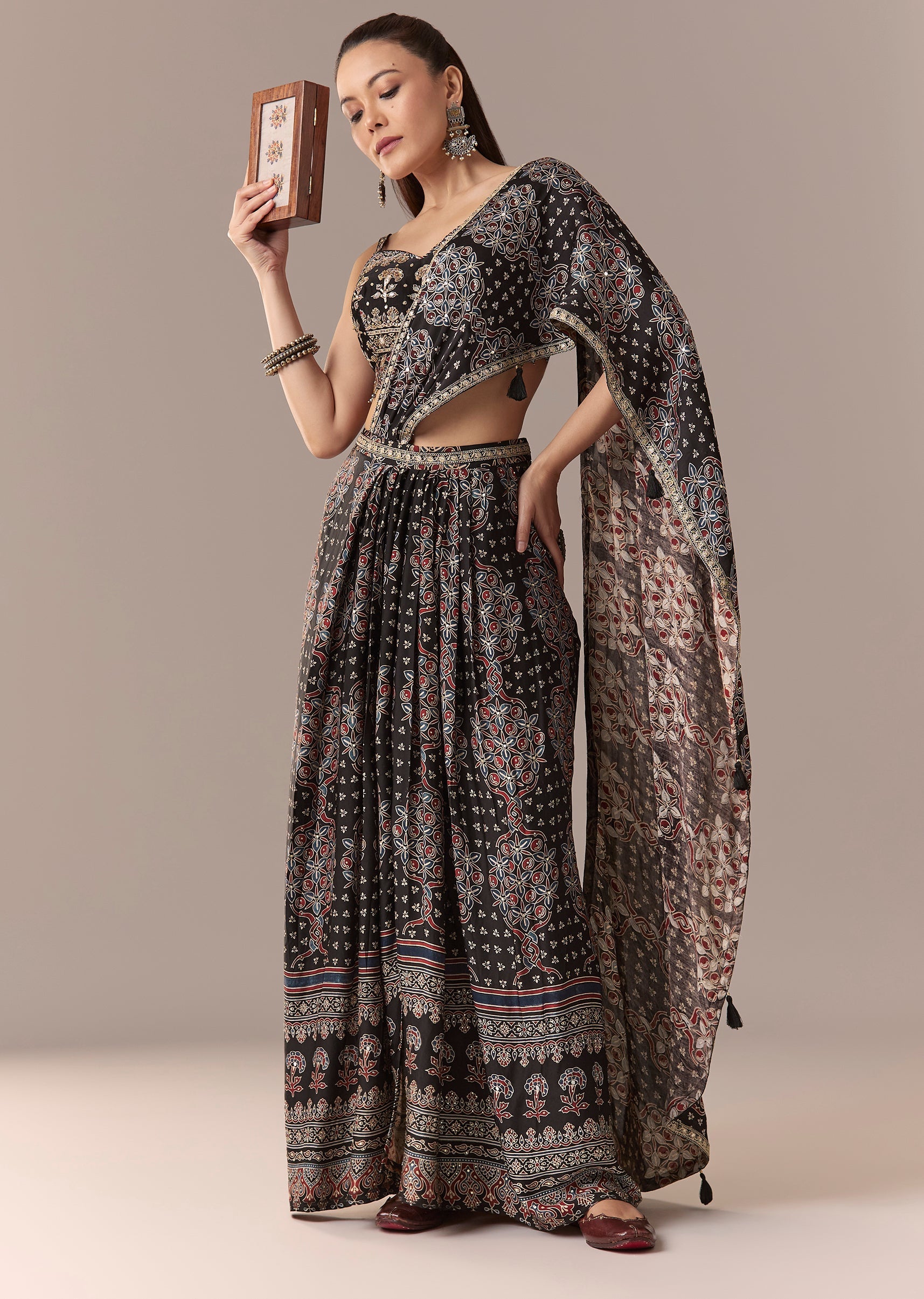 Black Ajrakh Pre Draped Saree Set With Mirror Work Blouse