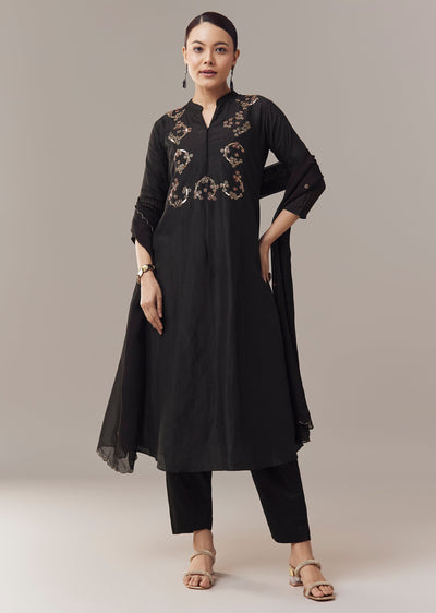 Black Anarkali Suit With French Knot And Zardosi Hand Work And Dupatta