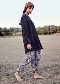 Black And White Dhoti Suit In Cotton With Printed Zebra Stripes And Long Sleeves With Bell Cuffs