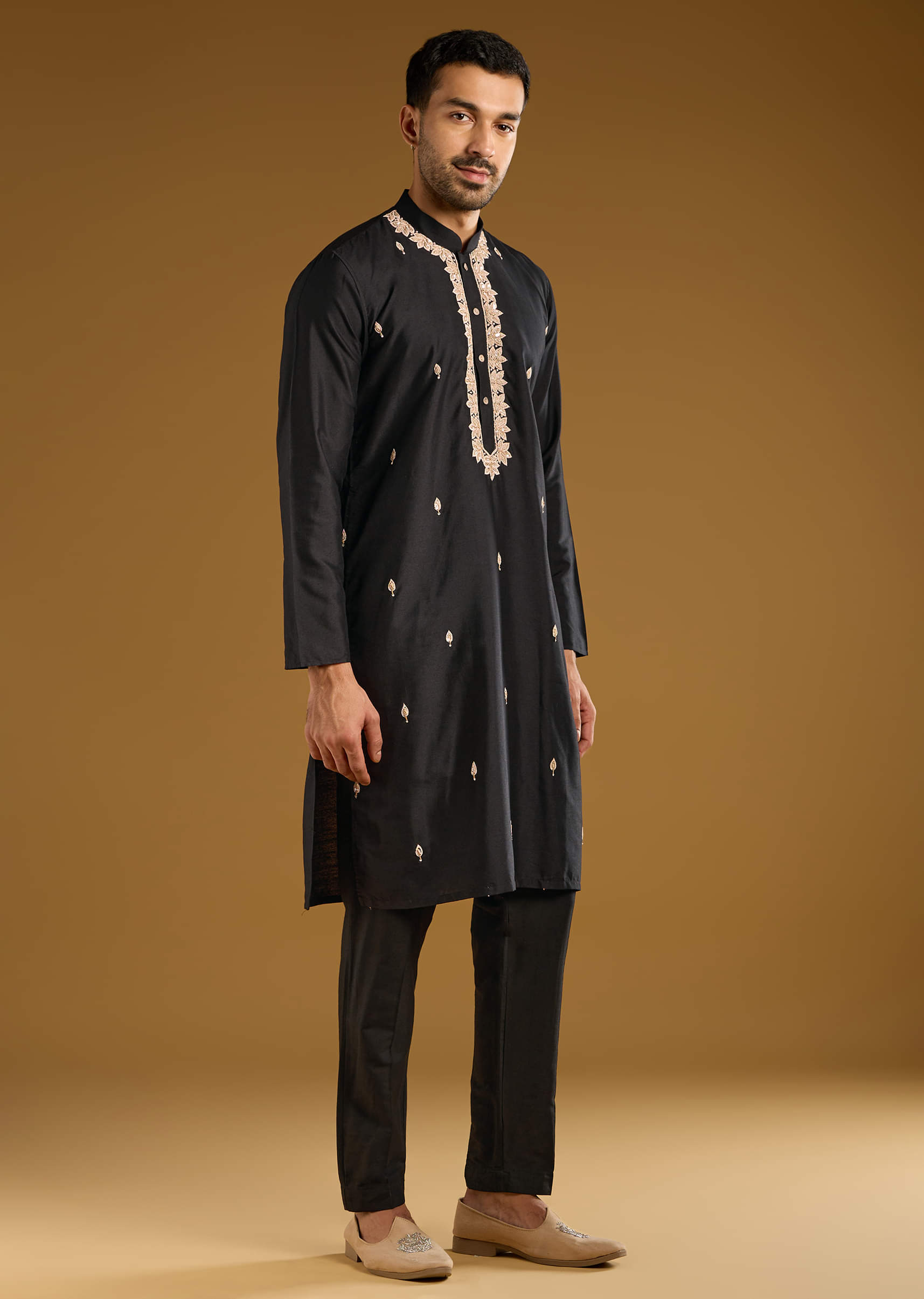 Black Banarasi Silk Kurta Set For Men With Aari And Zardosi Work