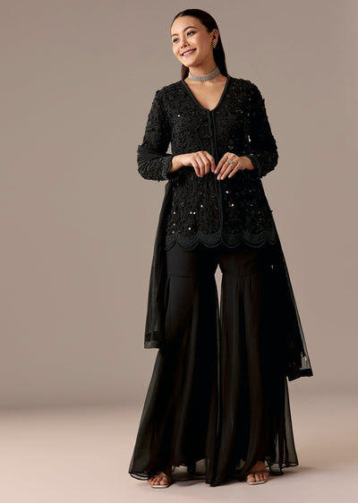 Black Beaded Peplum Sharara Set