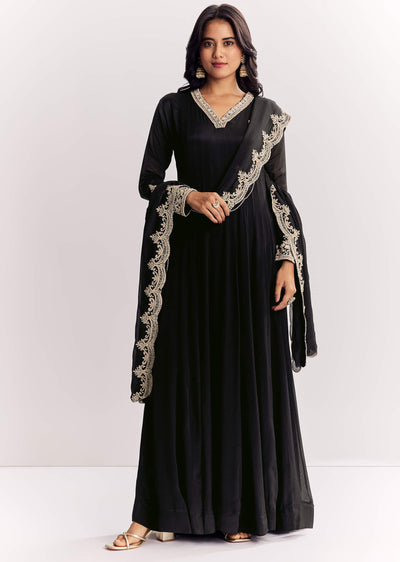 Black Chinon Anarkali Suit With Zardosi Work And Embroidered Dupatta