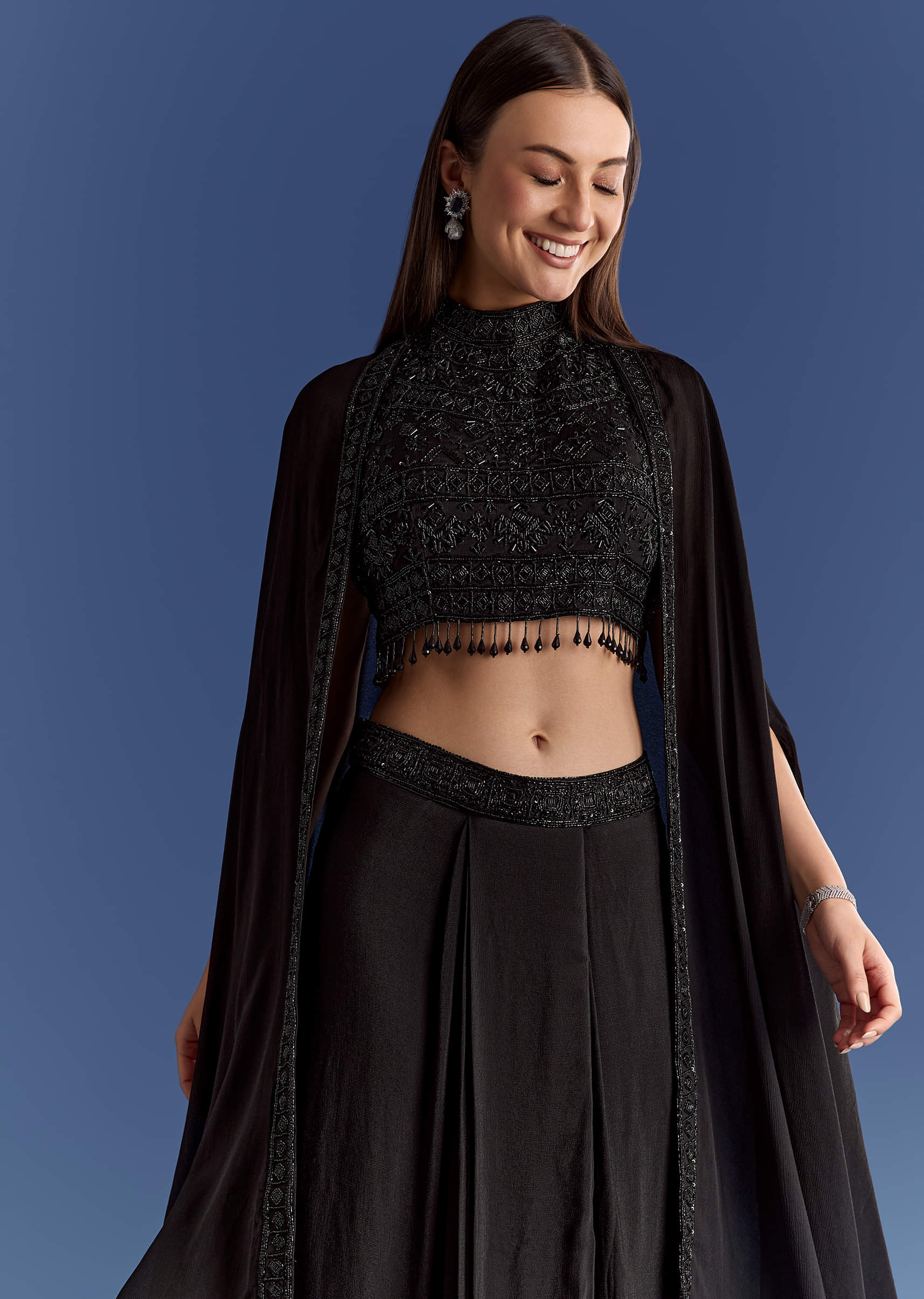 Black Chinon Cape Set With Embroidered Croptop And Skirt