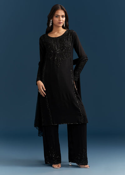 Black Chinon Kurta Set With Sequins And Cut Dana Work