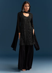 Black Chinon Palazzo Suit With Cut Dana And Sequins Work