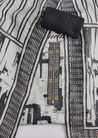 Black Cotton Printed Unstitched Suit Set With Dupatta