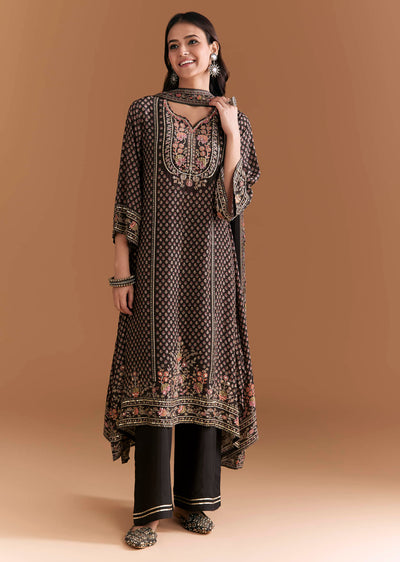 Black Crepe Kurta Set With Indie Print And Stone Work