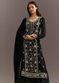 Black Cutdana And Sequins Kurta With Chinon Sharara And Dupatta