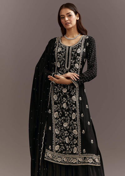 Black Cutdana And Sequins Kurta With Chinon Sharara And Dupatta