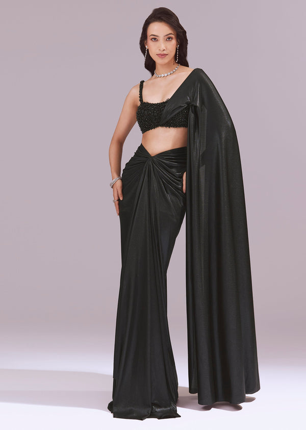 Black Draped Crop Top And Skirt Set