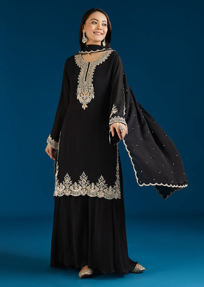 Black Embellished Chinon Palazzo Suit With Dupatta