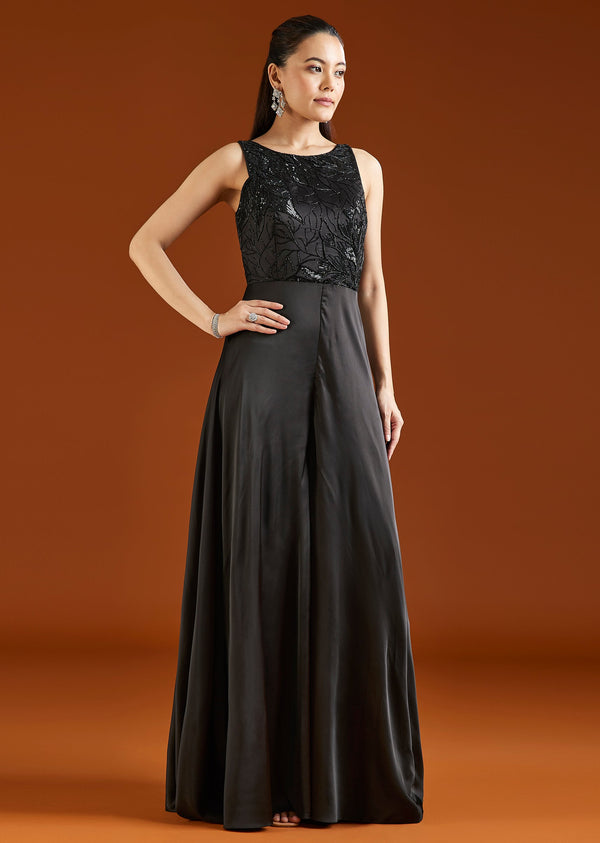 Black Embellished Satin Jumpsuit