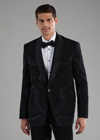Black Embellished Tuxedo Set with Bow Tie