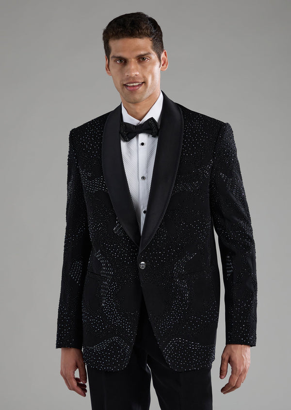 Black Embellished Tuxedo Set with Bow Tie