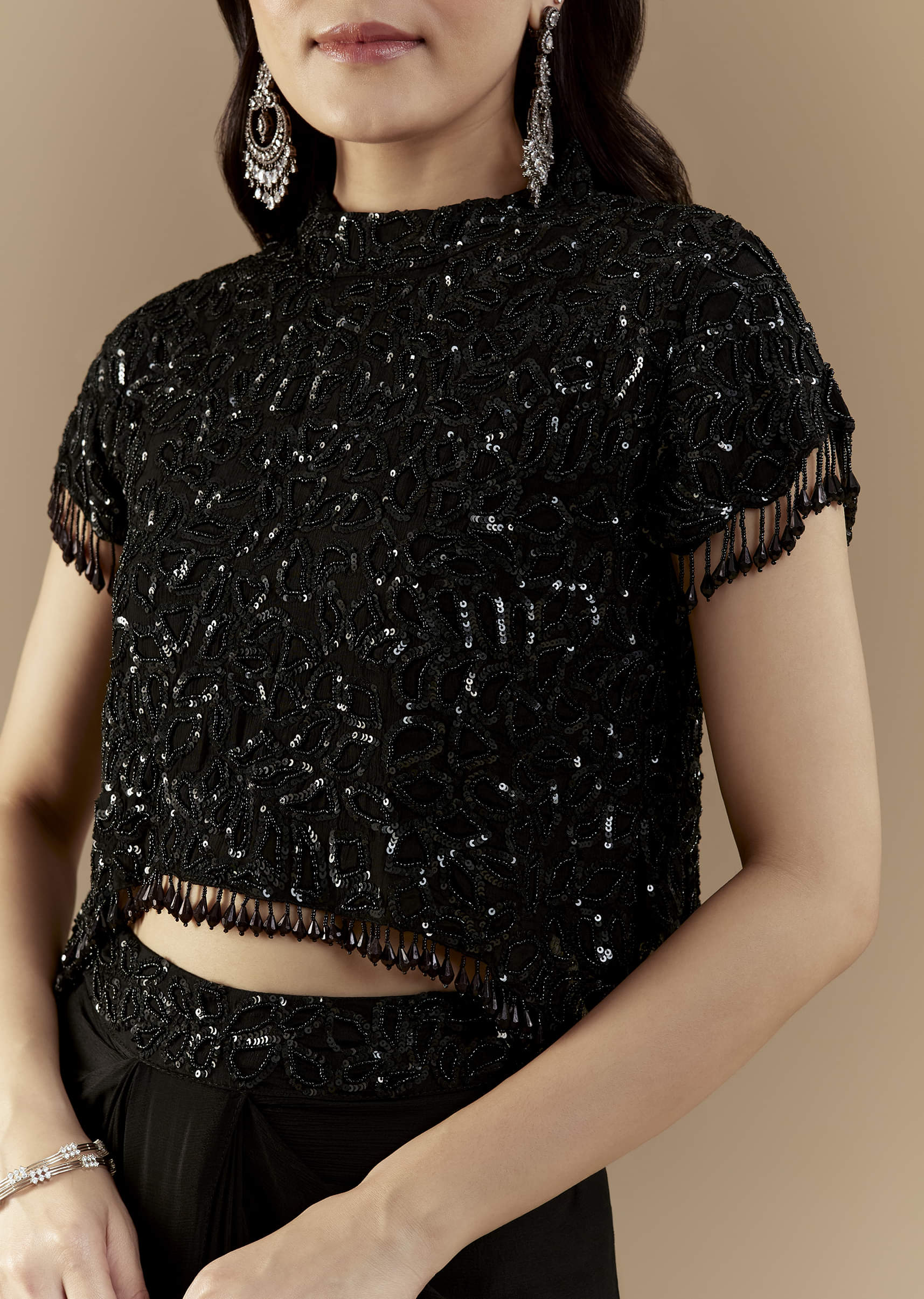 Black Embroidered Crop Top and Skirt Set