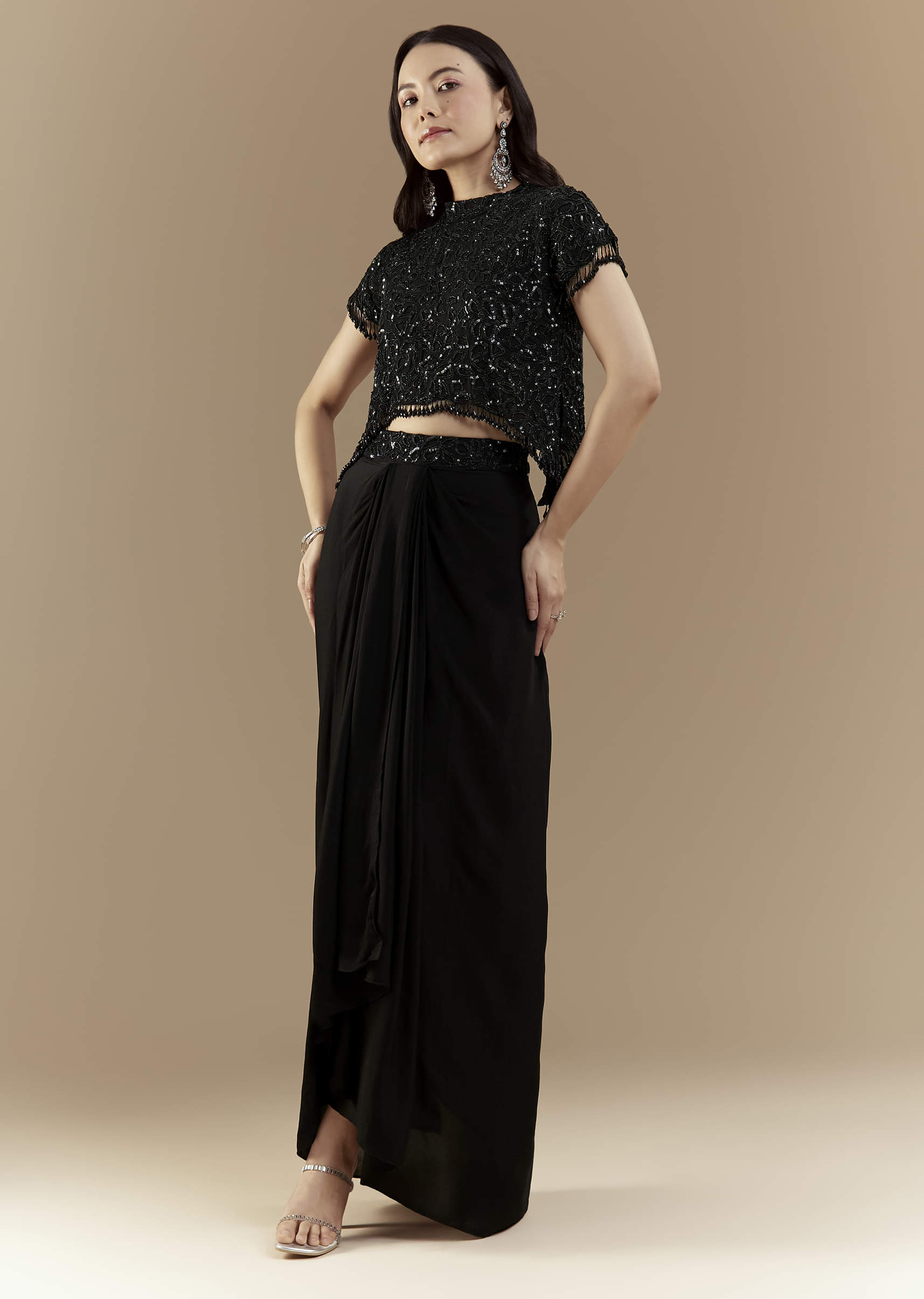 Black Embroidered Crop Top and Skirt Set