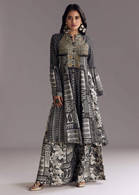 Black Mixed Print Muslin Palazzo Set With Resham Work