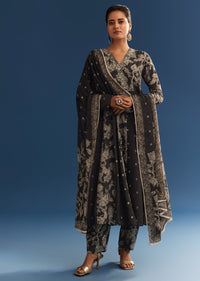 Black Floral Printed Crepe Anarkali Set With Embroidered Neckline