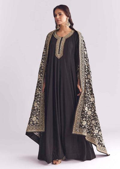 Black Georgette Anarkali Suit With Thread And Sequins Work