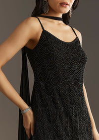 Black Georgette Kurta With Cut Dana And Moti Work And Tassel Dupatta