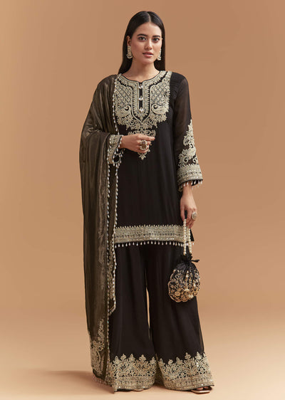 Black Georgette Palazzo Suit With Moti And Zari Work