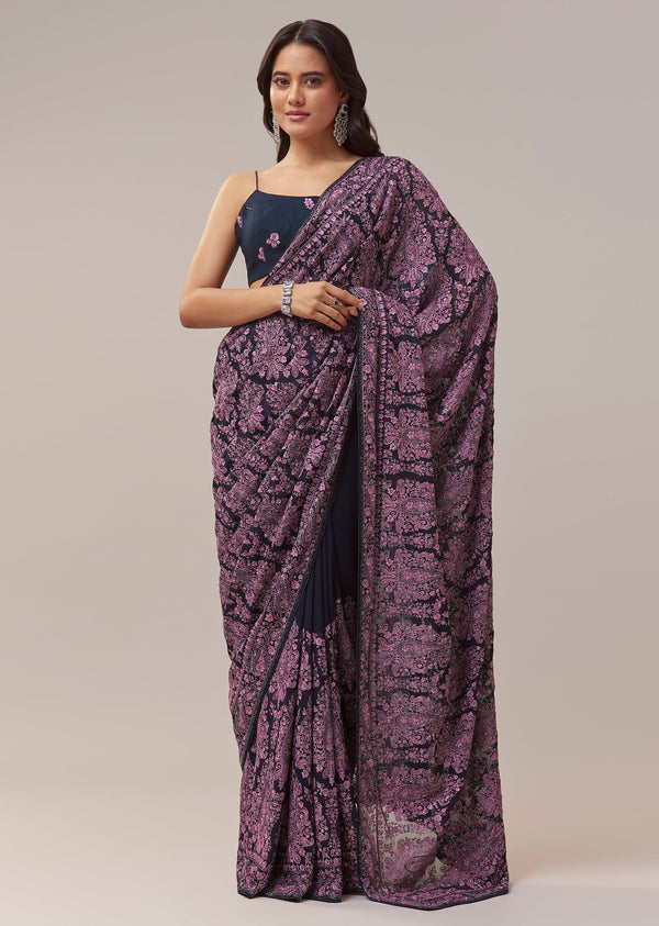 Black Georgette Saree With Kashmiri Kashida Embroidery And Cutdana Border
