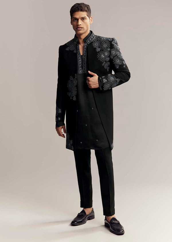 Black Imported Satin Organza Indo Western For Men With Zardosi Embroidery