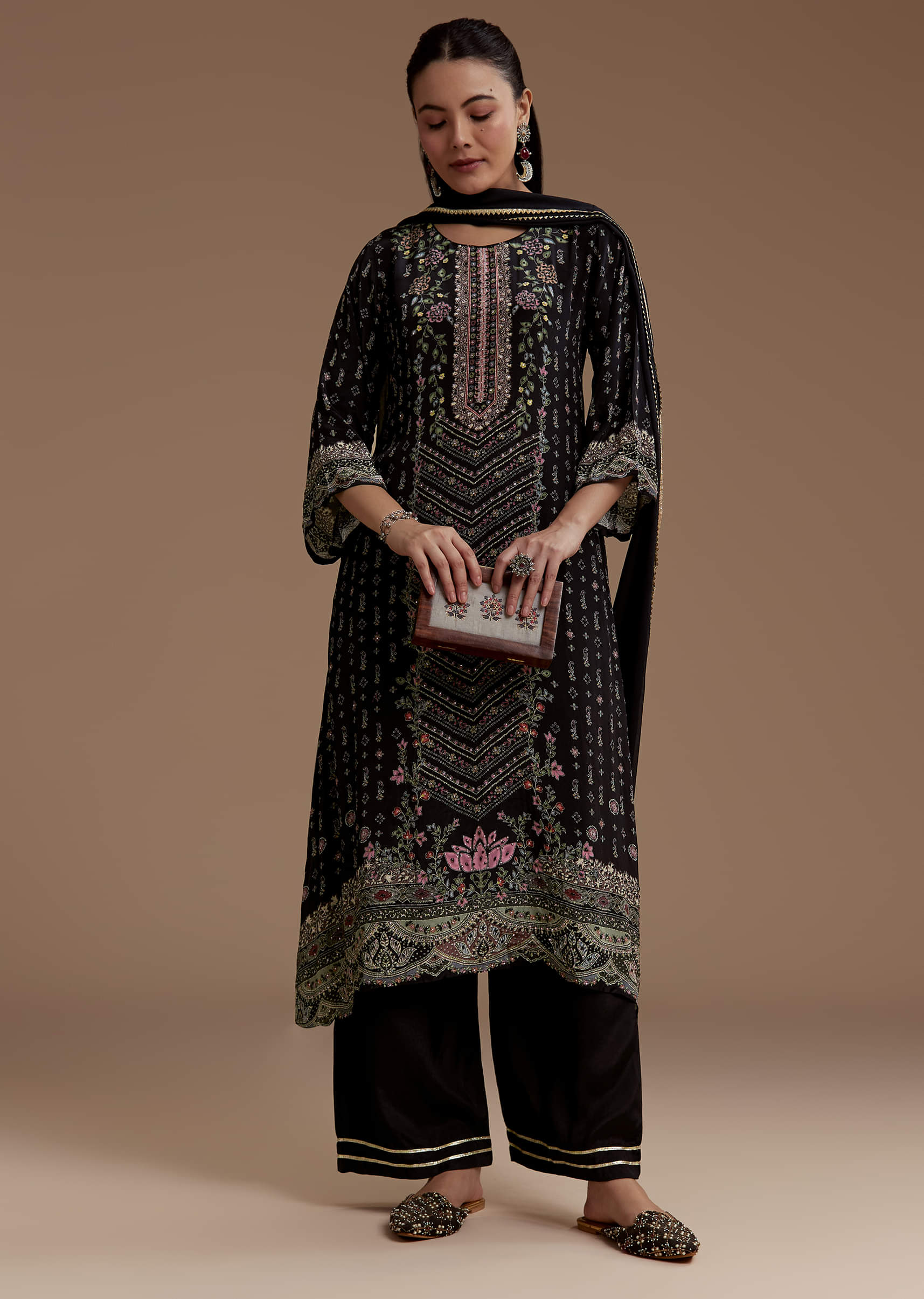 Black Indie Print Kurta Set with Stone Work