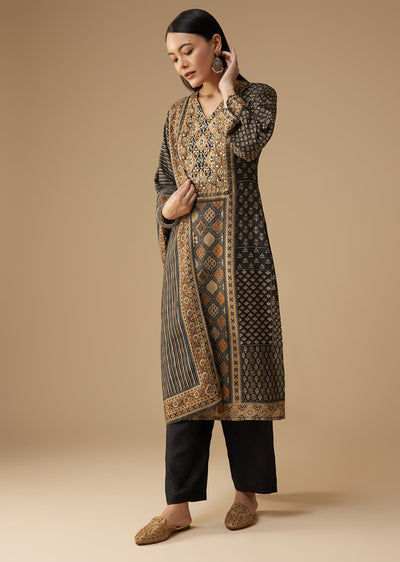 Black Indie Printed Silk Kurta Pant Set
