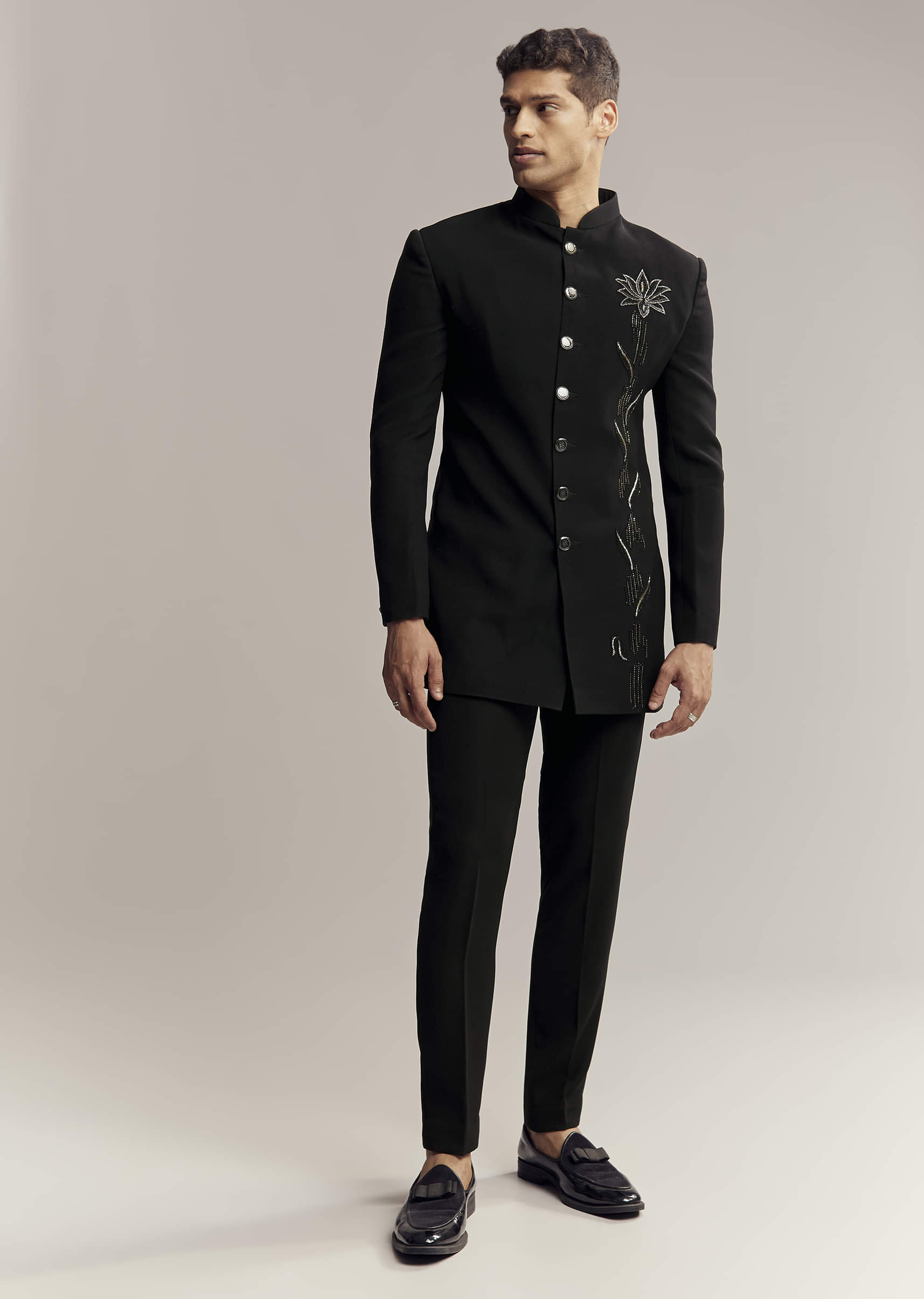 Black Indo Western For Men With Heavy Embroidery On Suiting Fabric