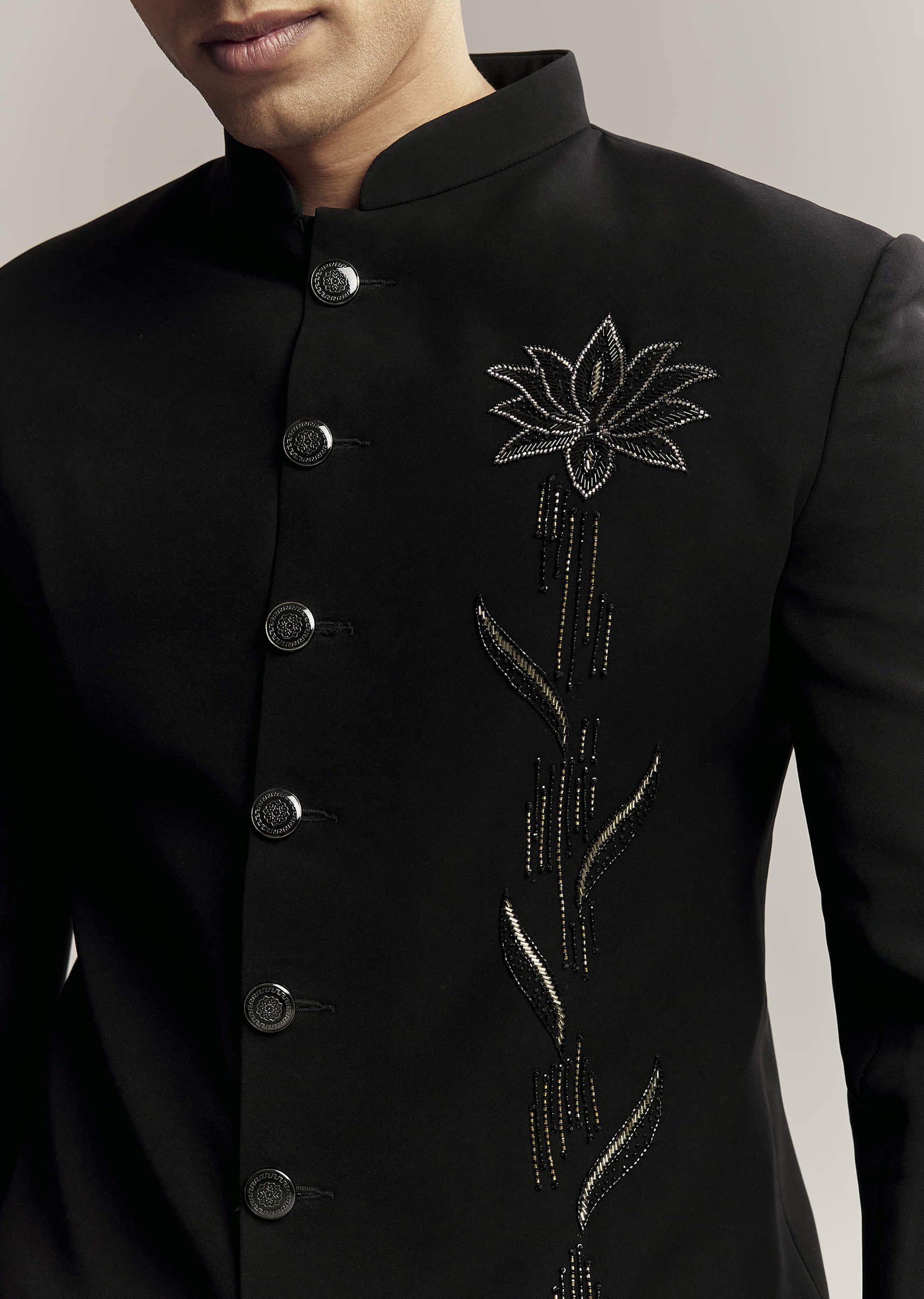 Black Indo Western For Men With Heavy Embroidery On Suiting Fabric