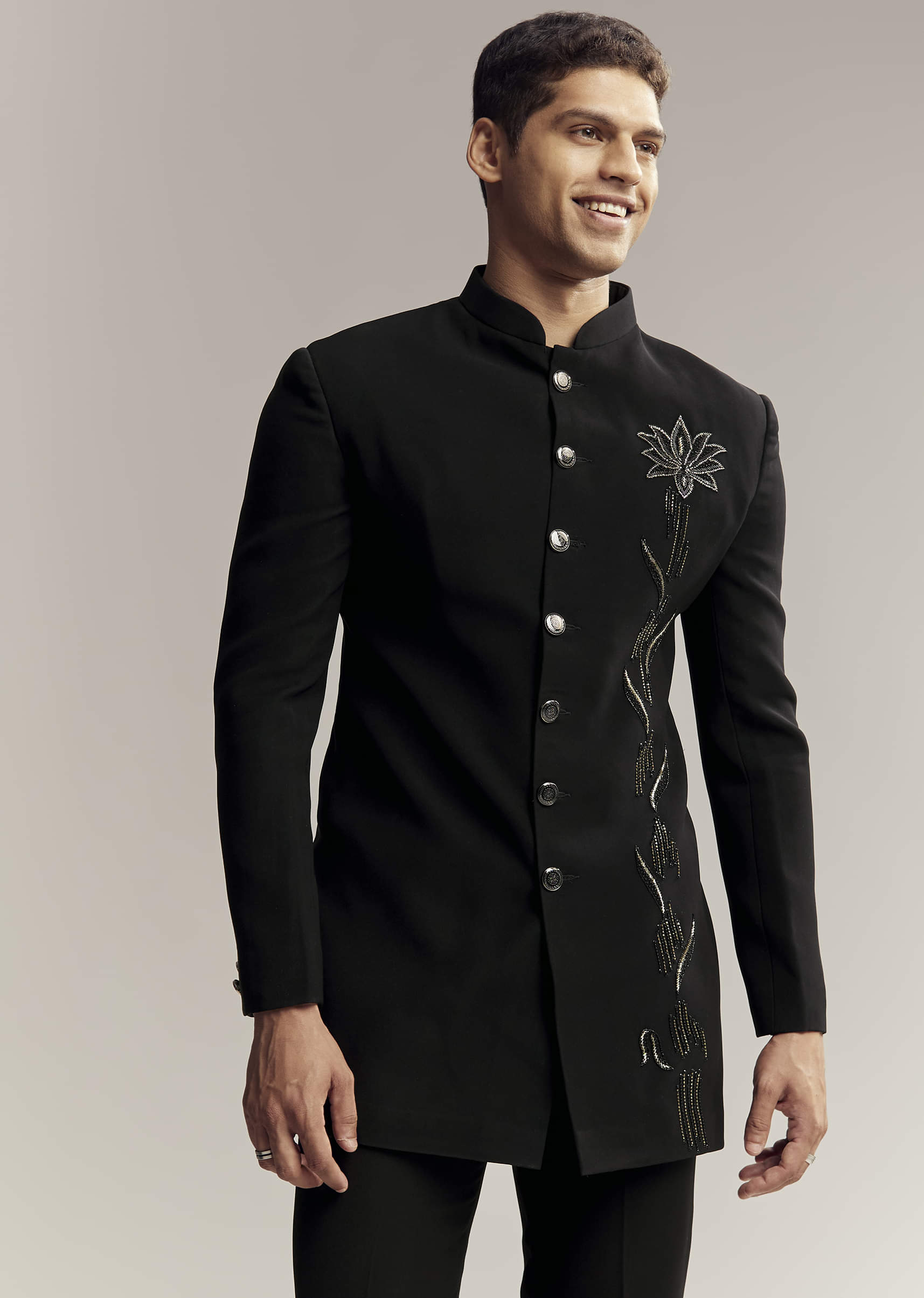 Black Indo Western For Men With Heavy Embroidery On Suiting Fabric