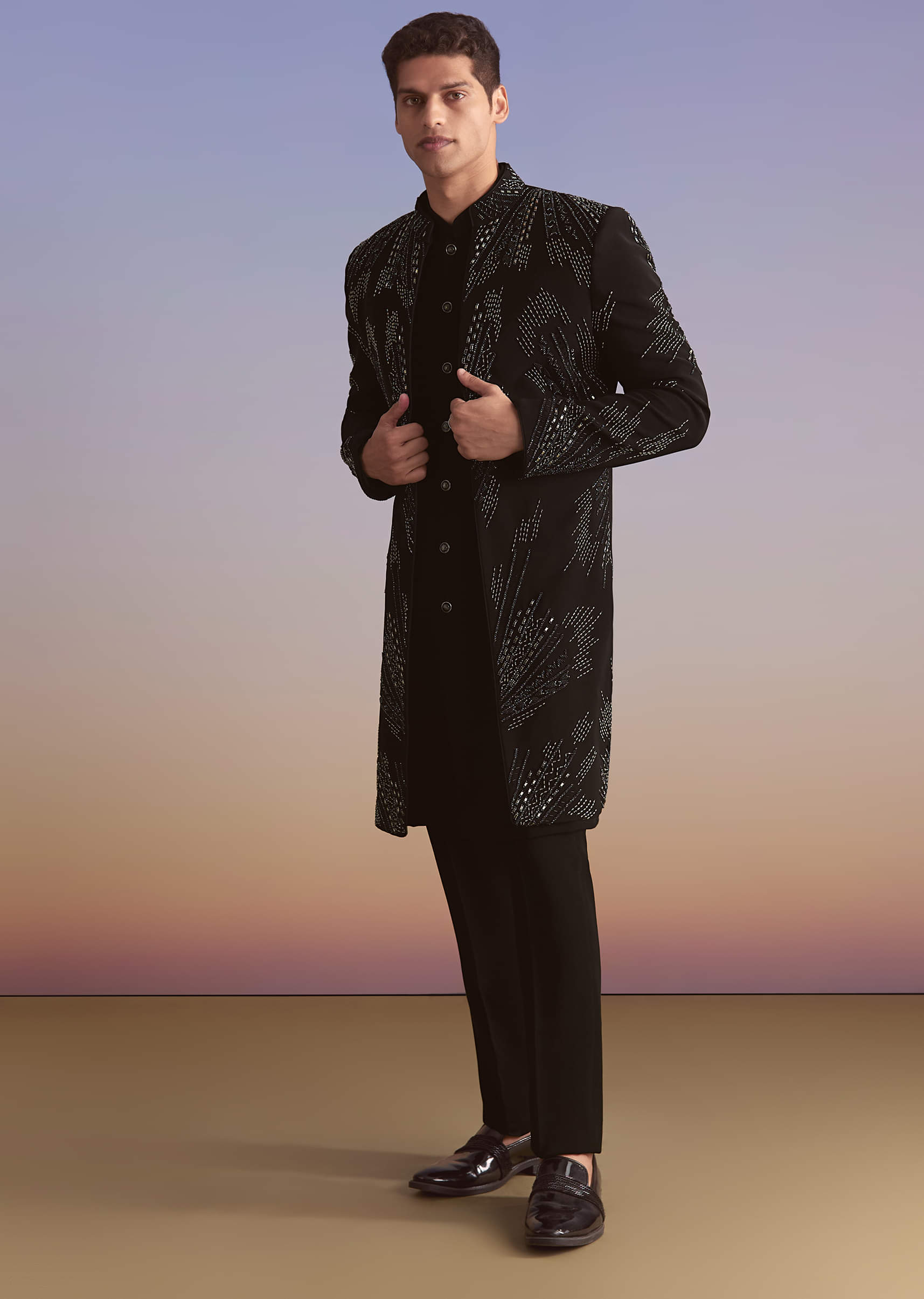 Black Indo Western Set For Men With Beads Work