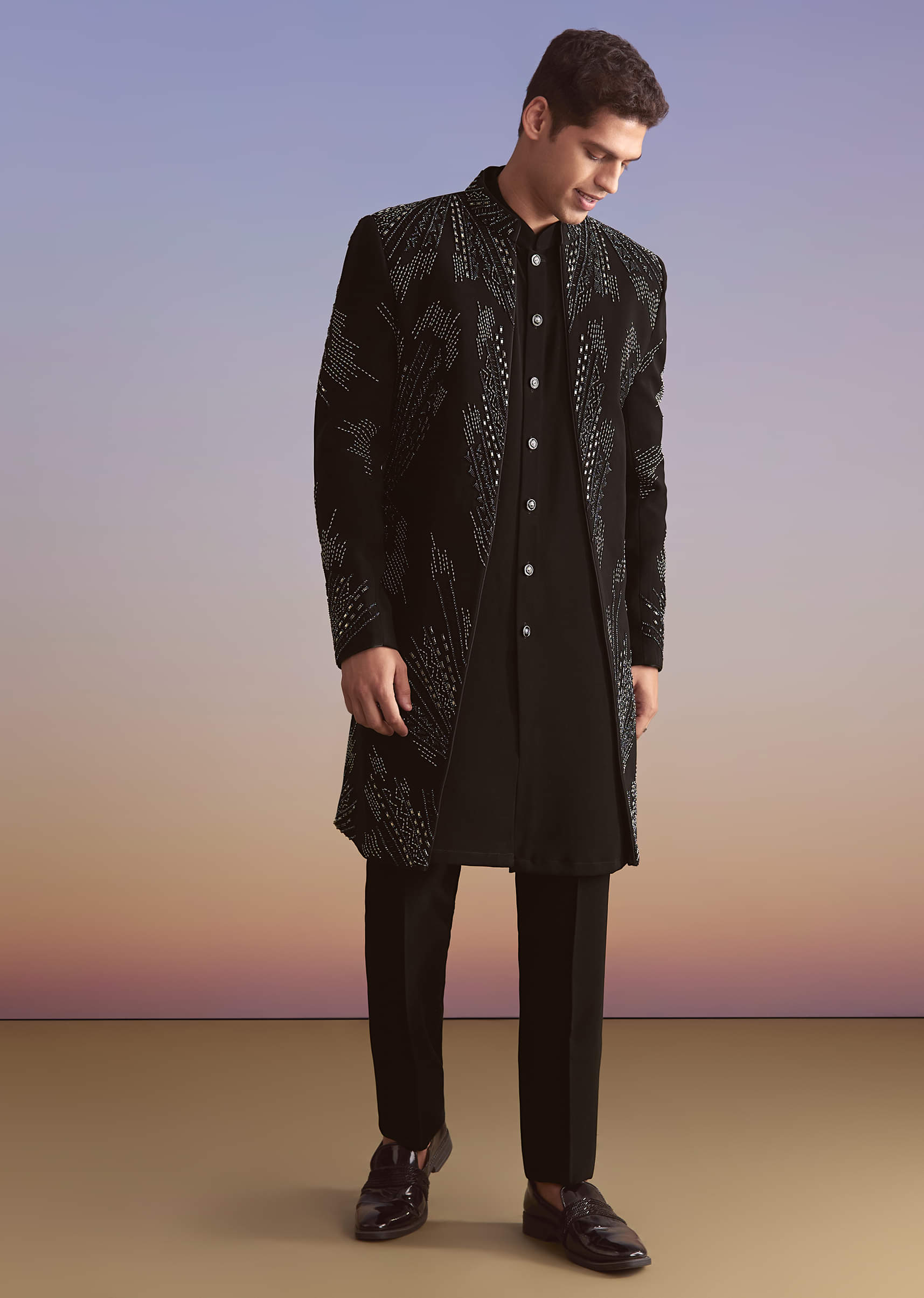 Black Indo Western Set For Men With Beads Work