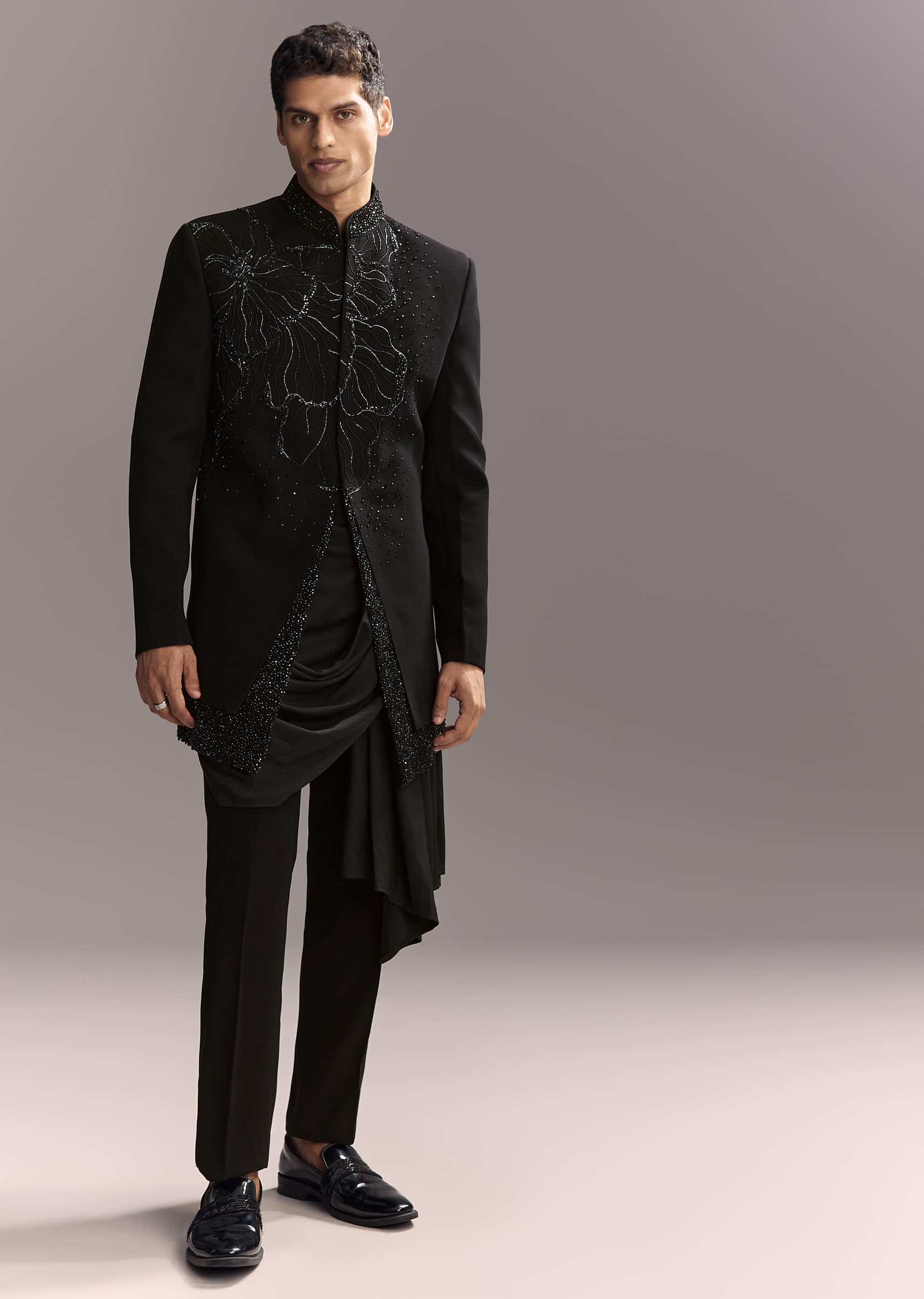 Black Indo Western Set For Men With Heavy Hand Work
