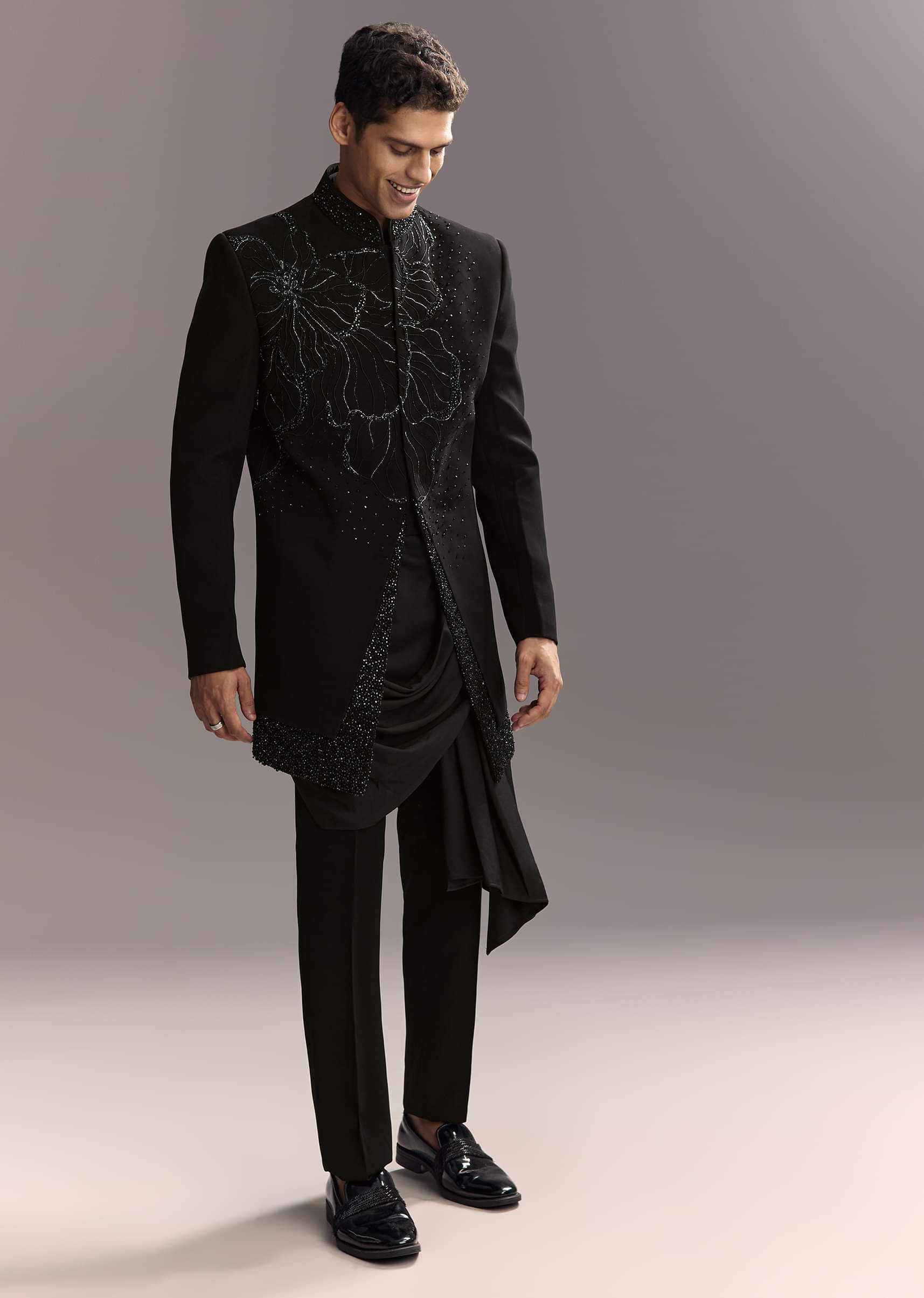 Black Indo Western Set For Men With Heavy Hand Work