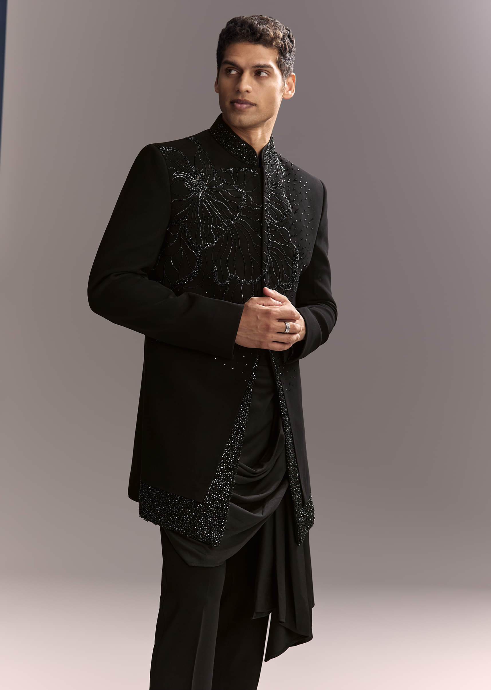 Black Indo Western Set For Men With Heavy Hand Work
