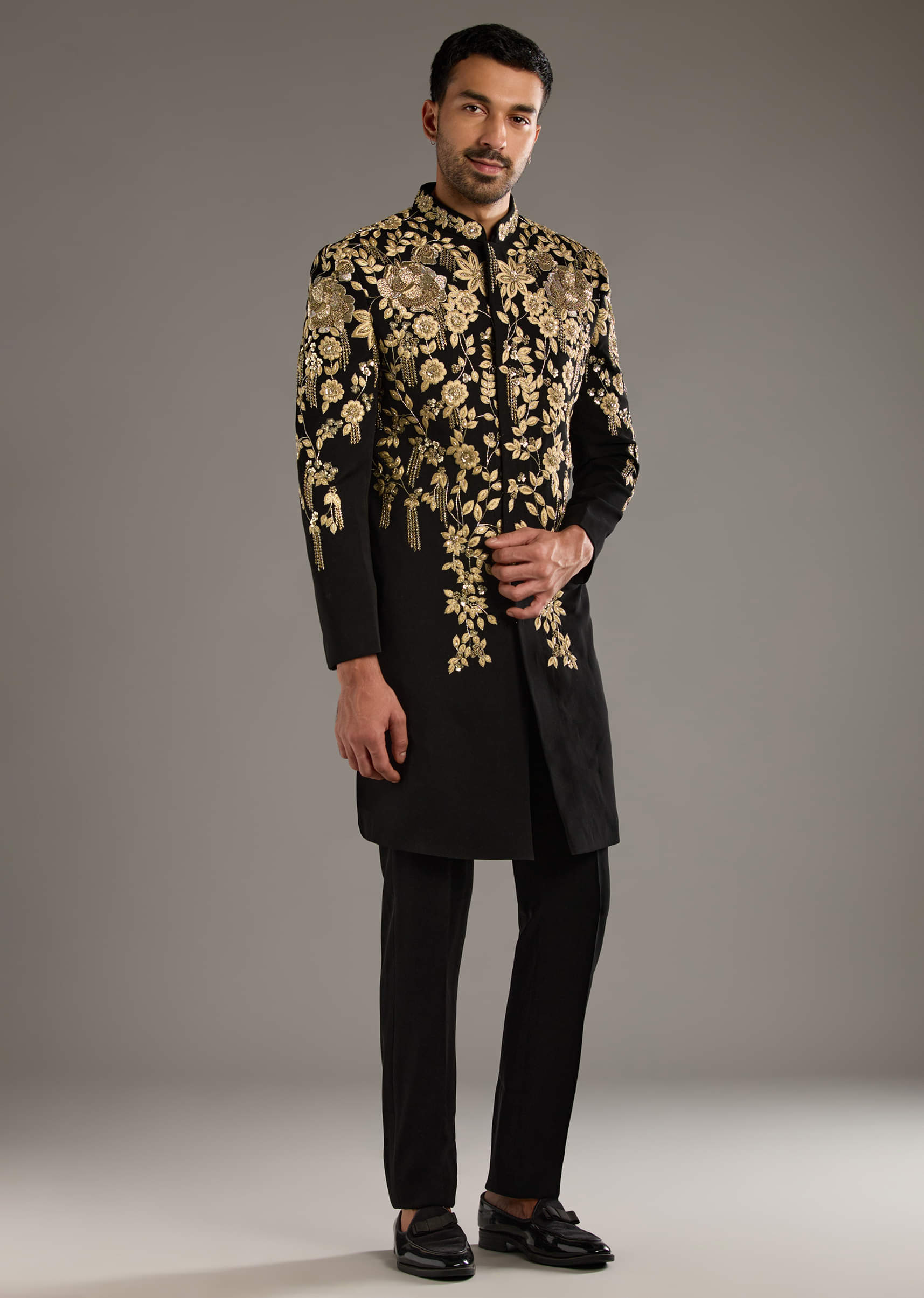 Black Indo Western Set For Men With Zardosi Embroidery