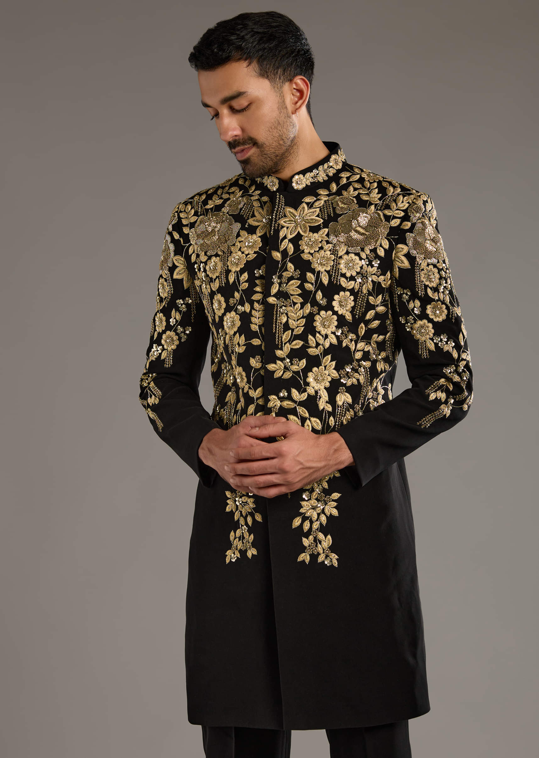 Black Indo Western Set For Men With Zardosi Embroidery