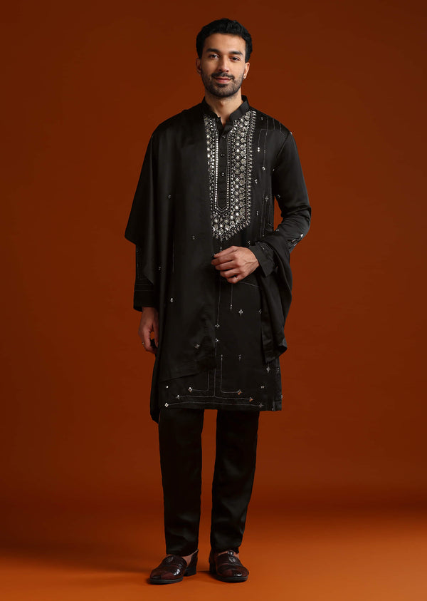 Black Kurta With Metal Embroidery And Dupatta Set