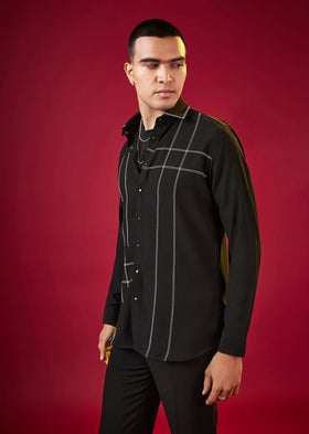 Black Mandarin Collar Striped Mens Shirt In Viscose