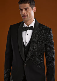 Black Mens Tuxedo With Cut Dana And Diamond Work