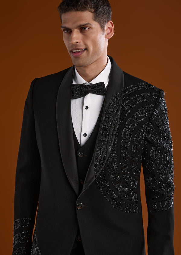 Black Mens Tuxedo With Cut Dana And Diamond Work