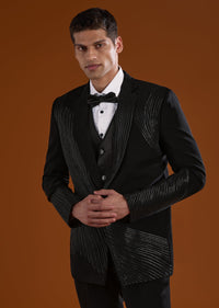 Black Mens Tuxedo With Dori Work And Leather Accents
