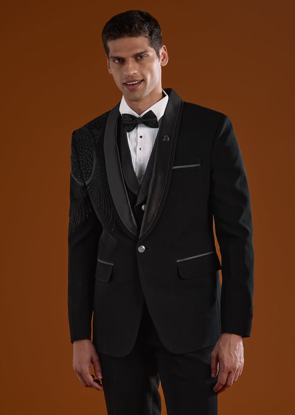 Black Mens Tuxedo With Thread Beads And Cut Dana Work