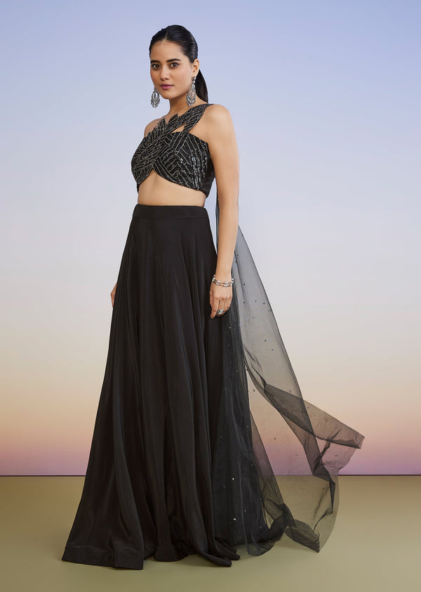 Black One Shoulder Drape Lehenga With Sequin Stonework Choli