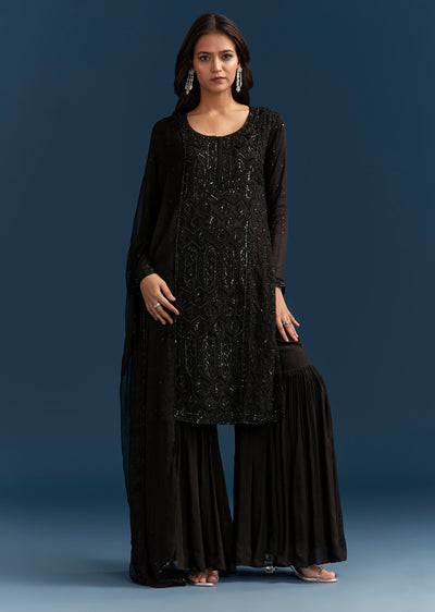 Black Pakistani Palazzo Suit With Sequins Embellished Kurta And Dupatta